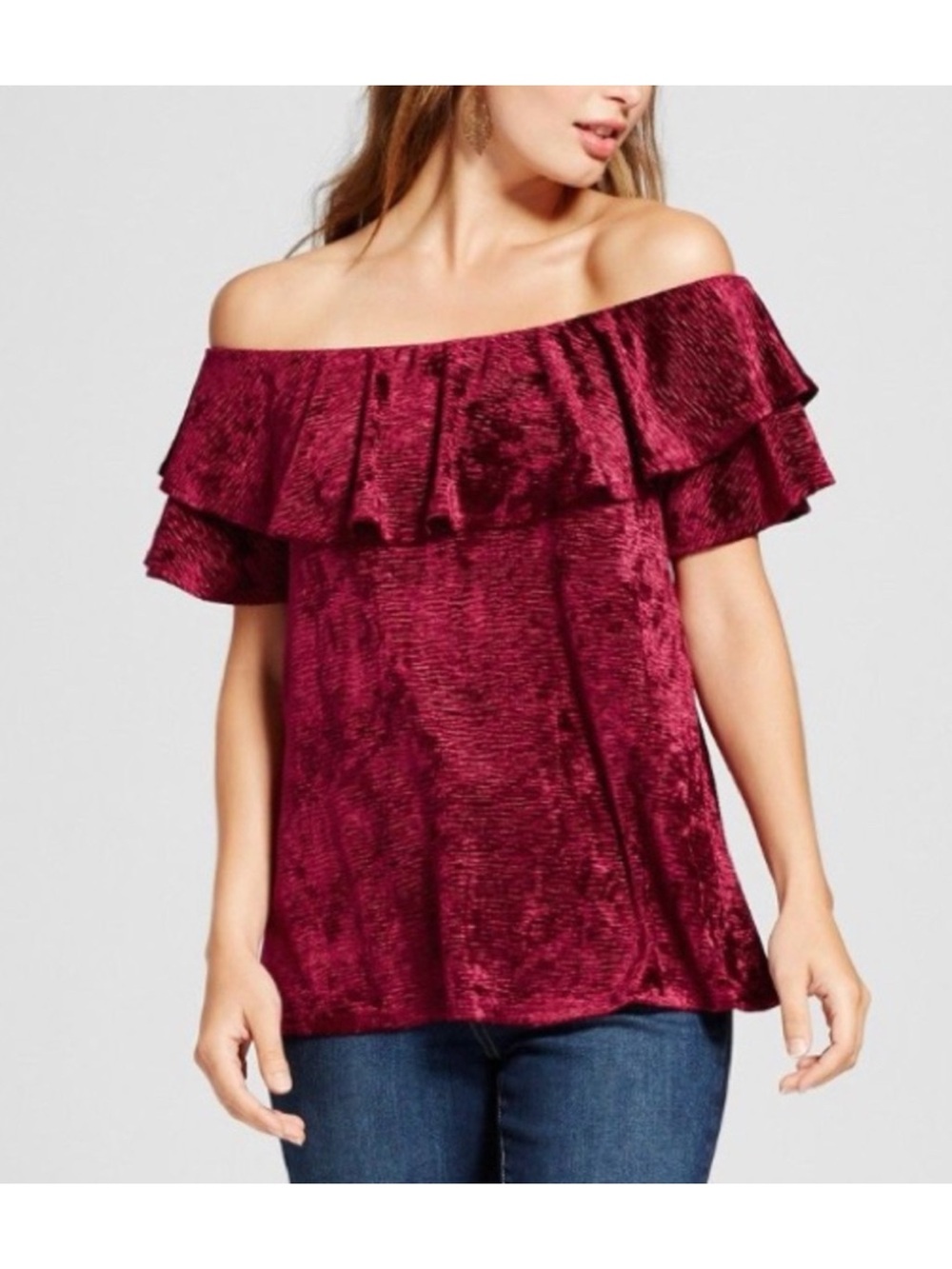 Knox Rose Off-Shoulder Ruffle Velvet Top - Burgundy